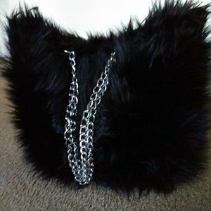 Black long hair faux fur tote silver tone chain